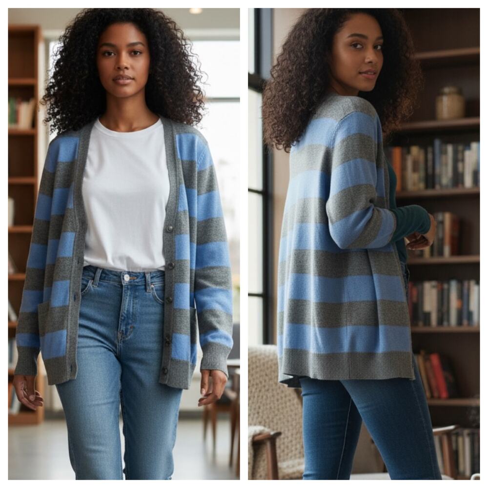 Gap cardigan sweater, blue/gray striped Cotton/cashmere blend size Large NWT